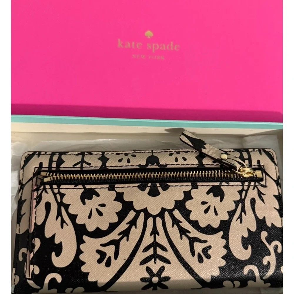 Kate‎ Spade Black & Cream Floral Saffiano Leather Continental Wallet